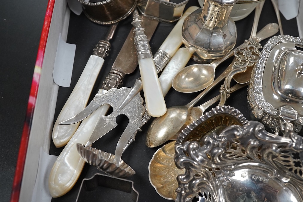A collection of mixed silver to include a mustard pot, pierced dish etc.